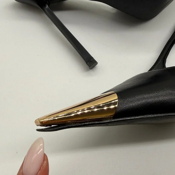 Black Slingback Heels Gold Metal Pointed Toe Stiletto Pumps Size 9 - Picture 7 of 11